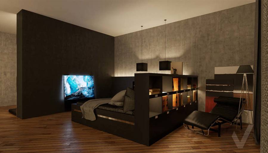 Дизайн мужской спальни в доме, ночное освещение - 3