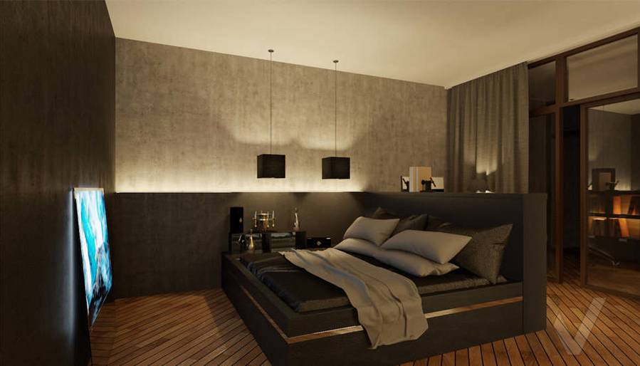 Дизайн мужской спальни в доме, ночное освещение - 2