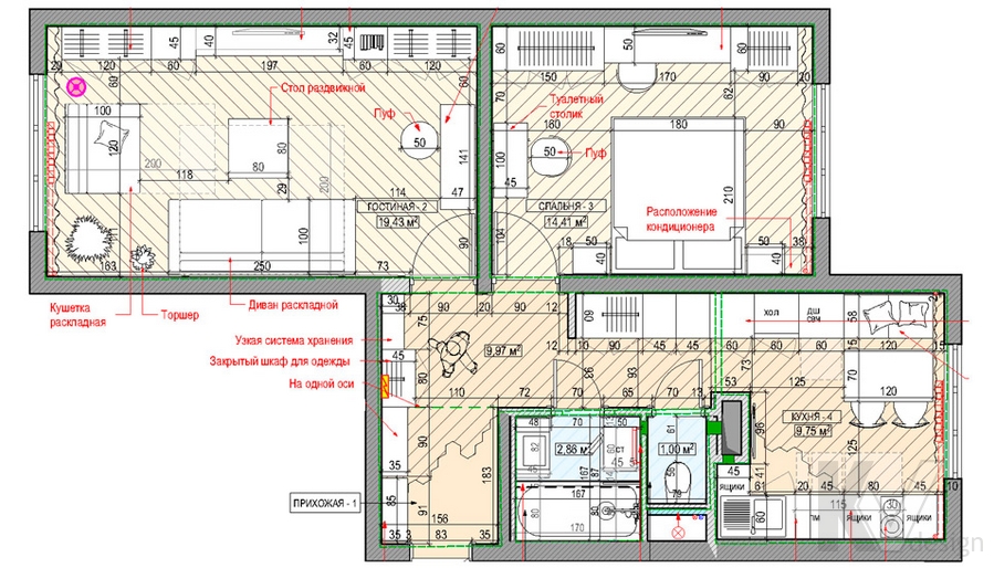 Планировка 2-комнатной квартиры серии П-3